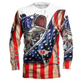 Men's grey pullover top with a colourful fish print design on the long sleeves.