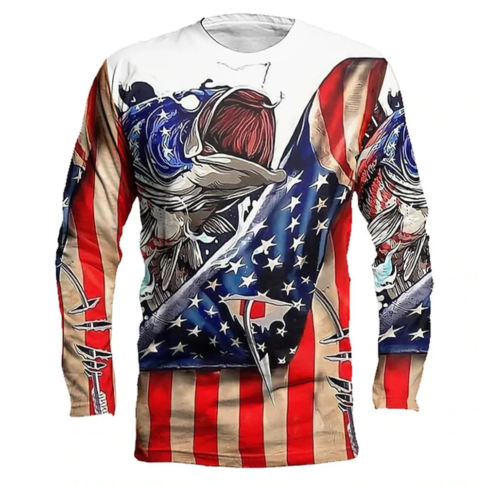 Men's grey pullover top with a colourful fish print design on the long sleeves.