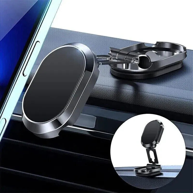 Chrome folding magnetic car phone holder mounted on a dashboard, shown in both extended and compact folded positions.