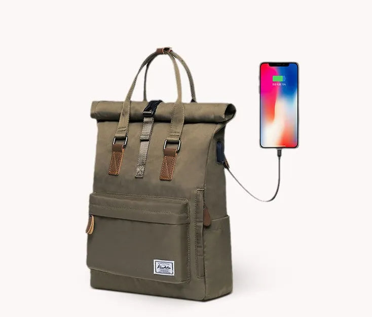Casual black polyester backpack showing interior computer pocket and under 20-litre capacity