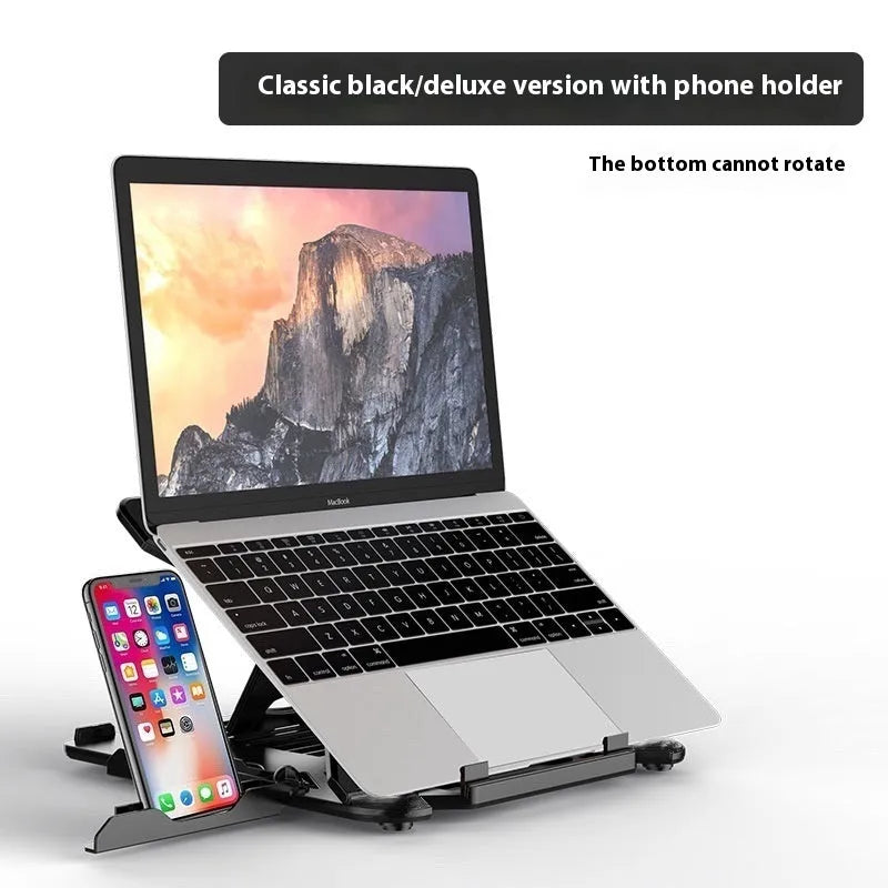 Black ABS plastic laptop bracket with phone holder on a wooden desk.