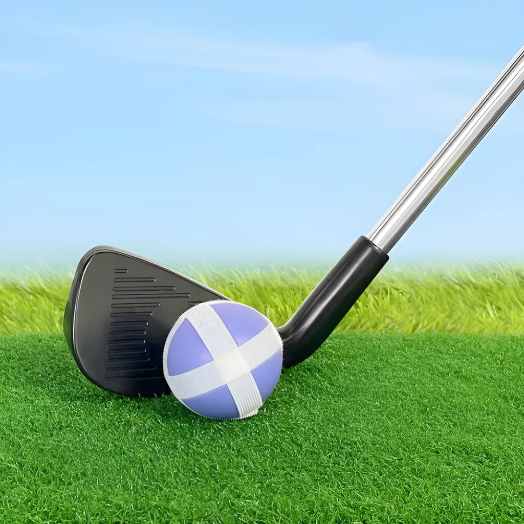 Metal golf training club set showing adult and children's versions for outdoor practice
