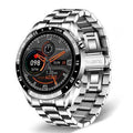 Stainless steel smart watch with black wristband and 1.3-inch touch screen display showing step count