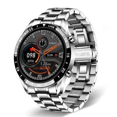Stainless steel smart watch with black wristband and 1.3-inch touch screen display showing step count