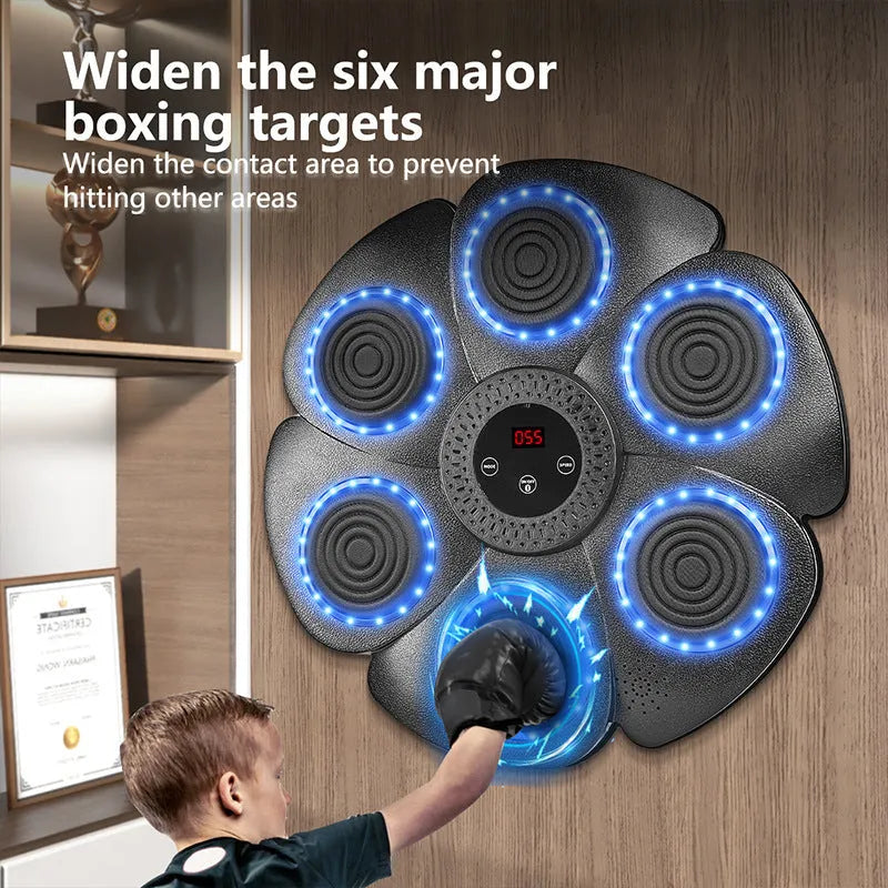 Black smart music boxing machine wall target with Bluetooth, LED lights, and included half-finger boxing gloves.