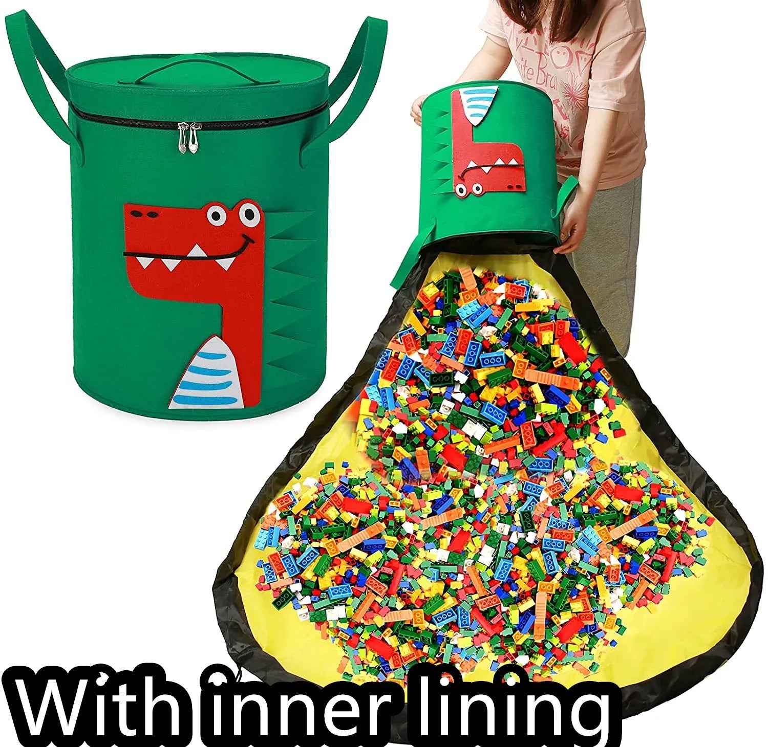 Green cube-shaped felt storage bag with pull rope lying flat as a play mat.