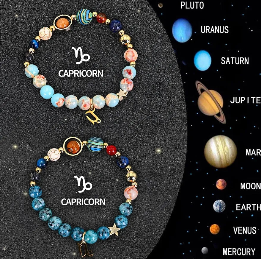 Set of twelve natural stone beaded bracelets laid out, each with a different design representing a zodiac sign.