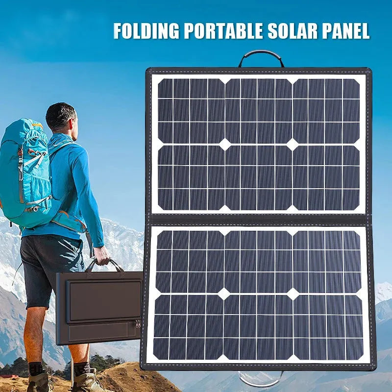 Black 40W foldable solar panel charger shown in its carry bag, with dimensions 425x285mm.