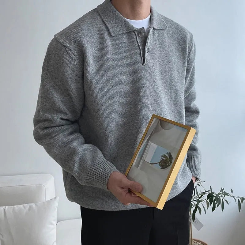 Men's loose lapel polo sweater in beige, polyester long sleeve pullover, available in multiple sizes