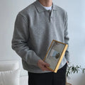 Men's loose lapel polo sweater in beige, polyester long sleeve pullover, available in multiple sizes