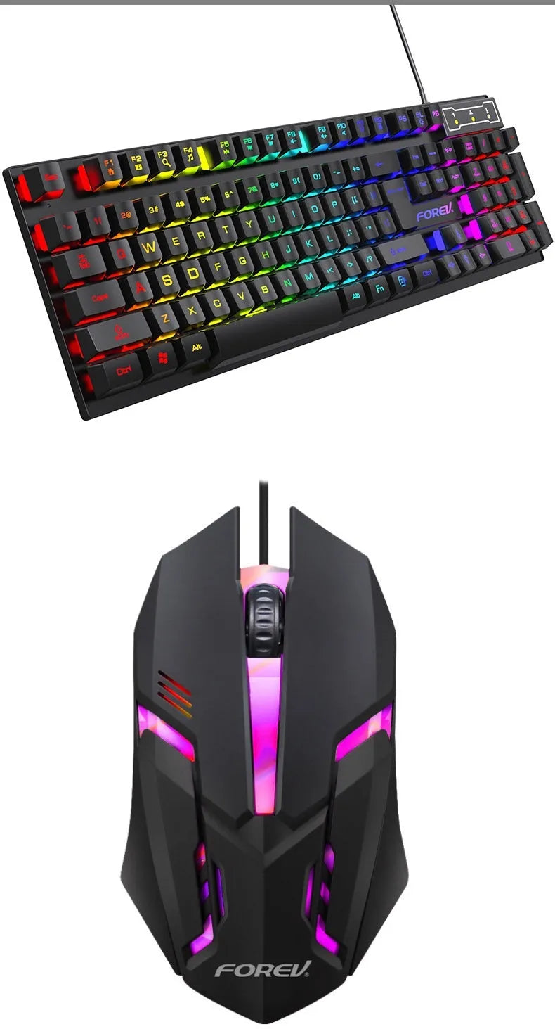 Black 104-key backlit gaming keyboard with mouse on desk, showing compact ABS build and 1.5m cable