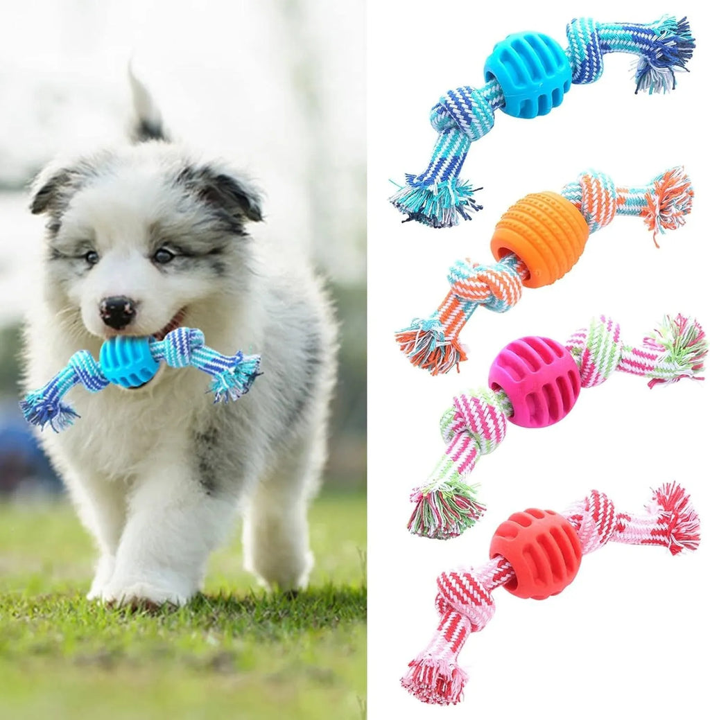 Blue dog chew toy with integrated rope cord for dental cleaning and oral health maintenance