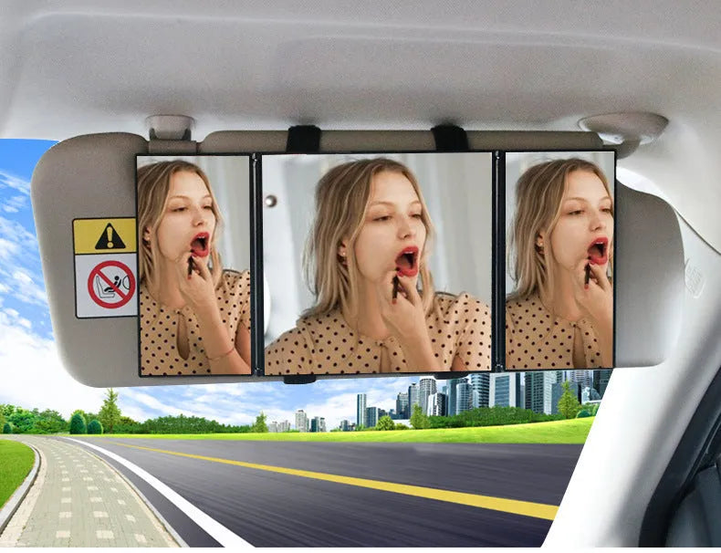 Silver folding car visor grooming mirror shown open and closed, made from ABS and glass.