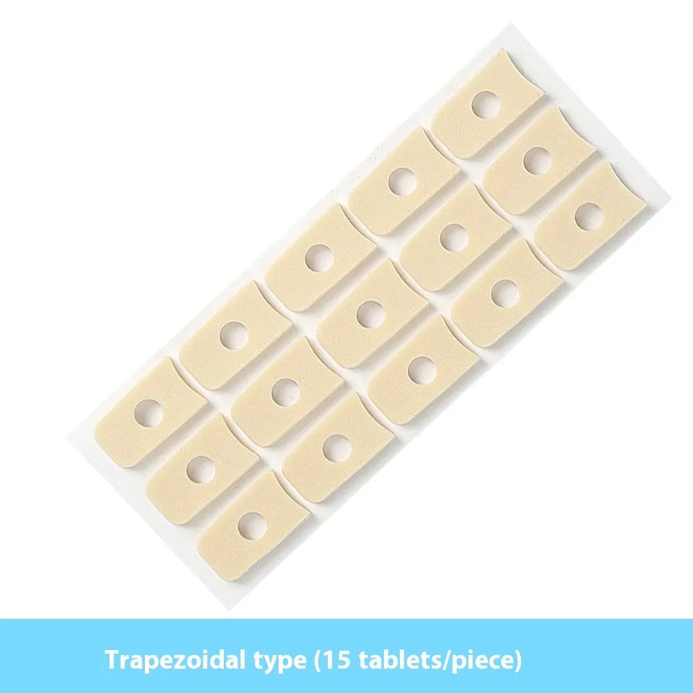 Pack of women's heel corn protectors showing large oval, small oval, U-shaped, and circular section PU pads.