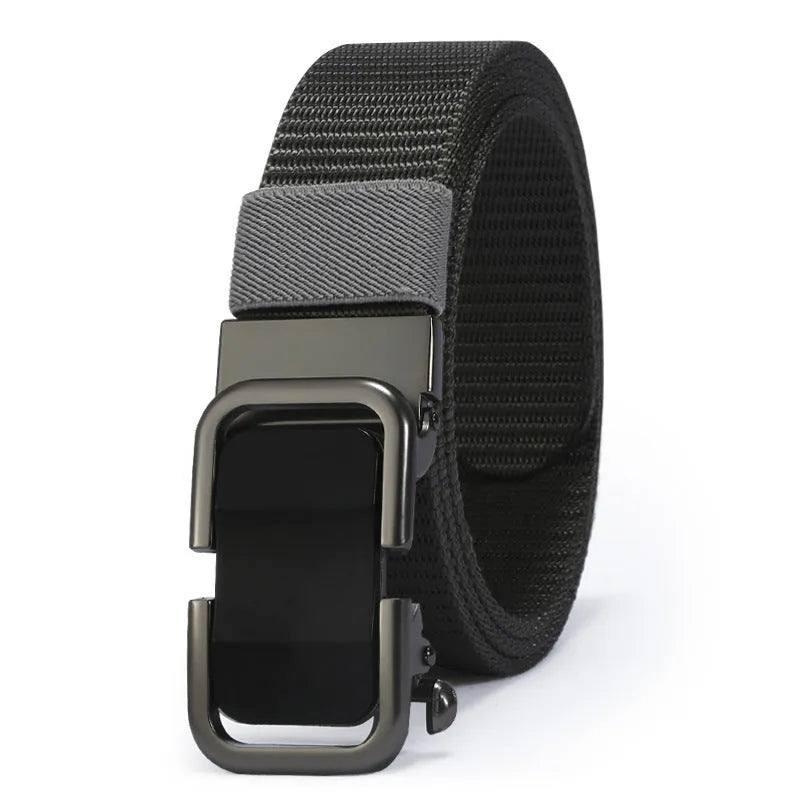 Men's nylon canvas belt with an alloy buckle shown in army green colour with a silver buckle.