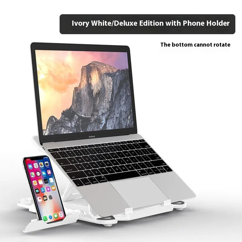 Black ABS plastic laptop bracket with phone holder on a wooden desk.