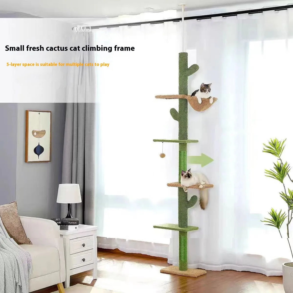 Solid wood cat climbing frame with integrated scratch board measuring 240-260cm tall