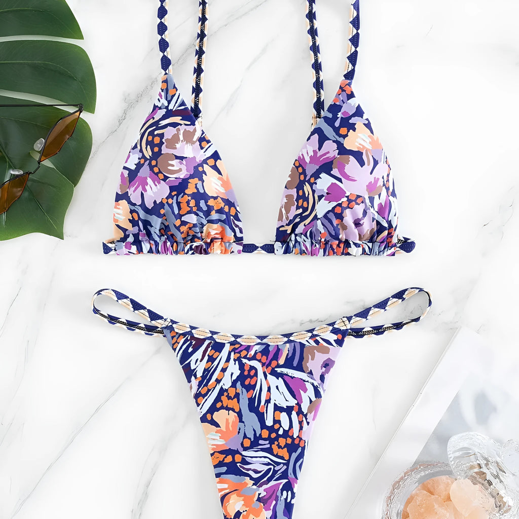 Women's floral print triangle bag swimsuit with briefs cut and polyester lining