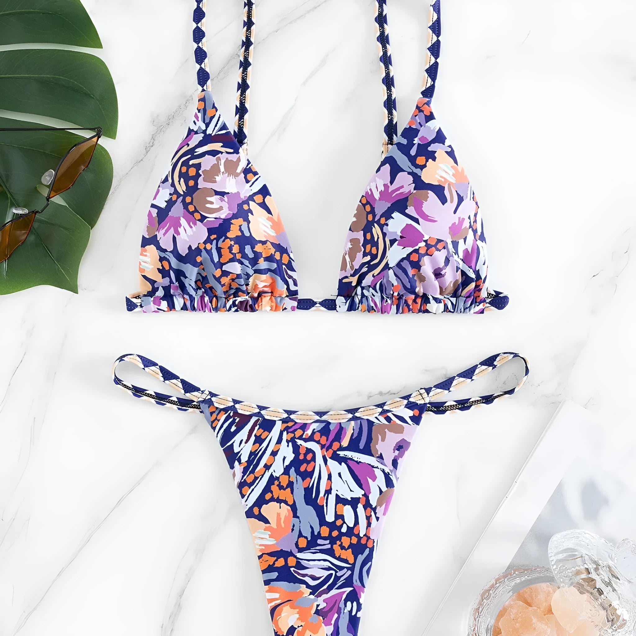 Women's floral print triangle bag swimsuit with briefs cut and polyester lining