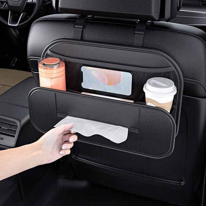 Black leather car seat rear storage bag measuring 36cm wide with customisable compartments