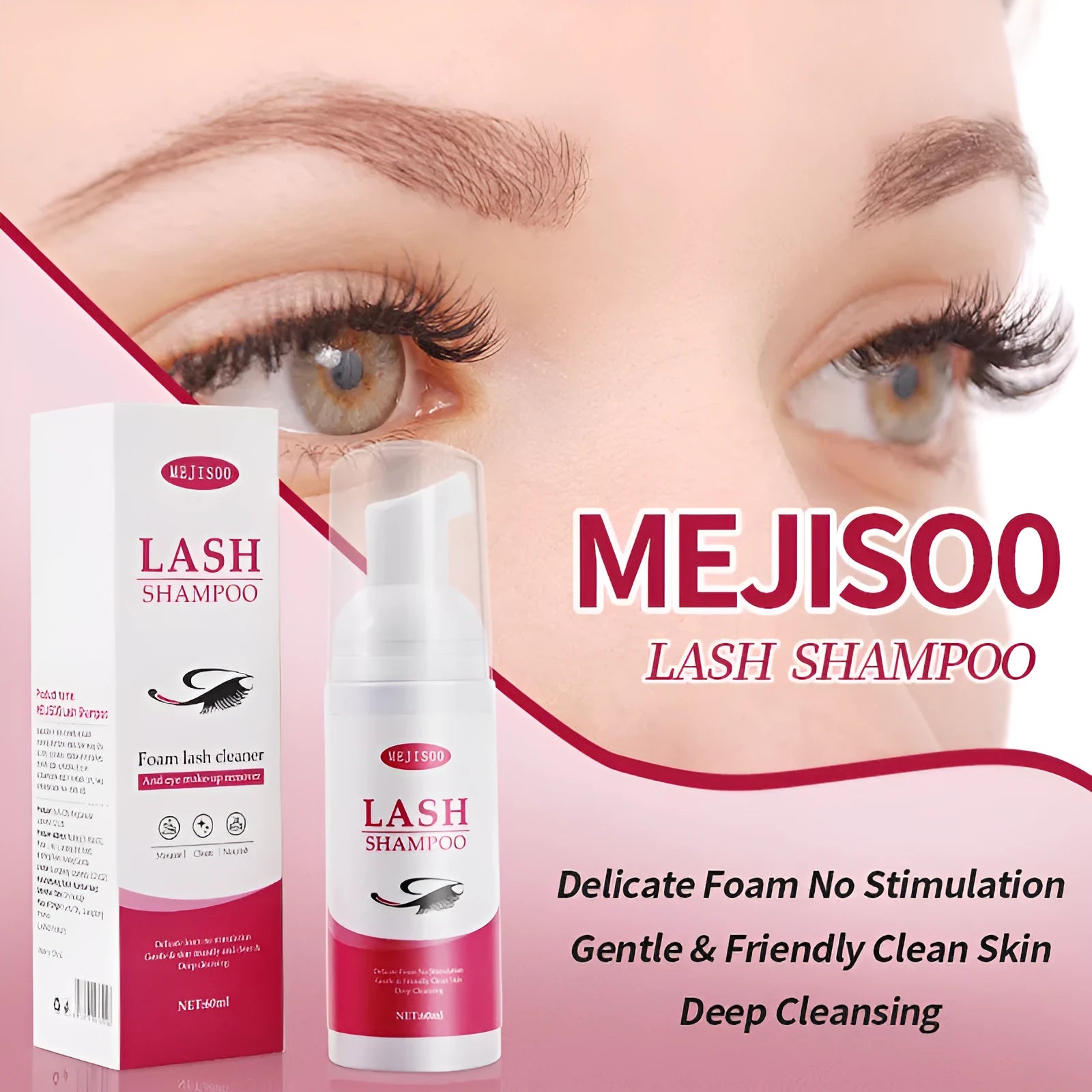 60ml eyelash cleaning mousse bottle measuring 3.7cm by 13.5cm