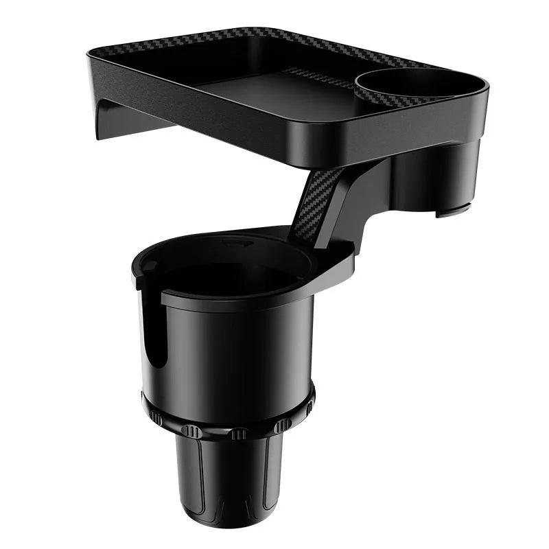 Black car cup holder dinner tray with 360-degree rotating base and adjustable plate positions