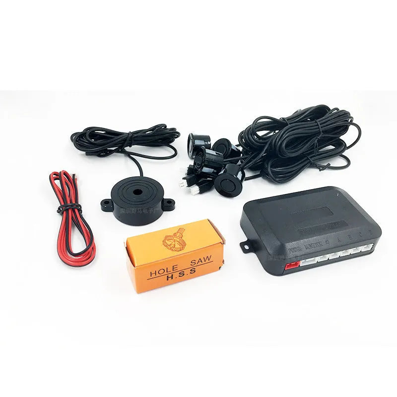 4-probe car parking sensor system with buzzer alert module, sensors in multiple colours, hole saw and installation cables