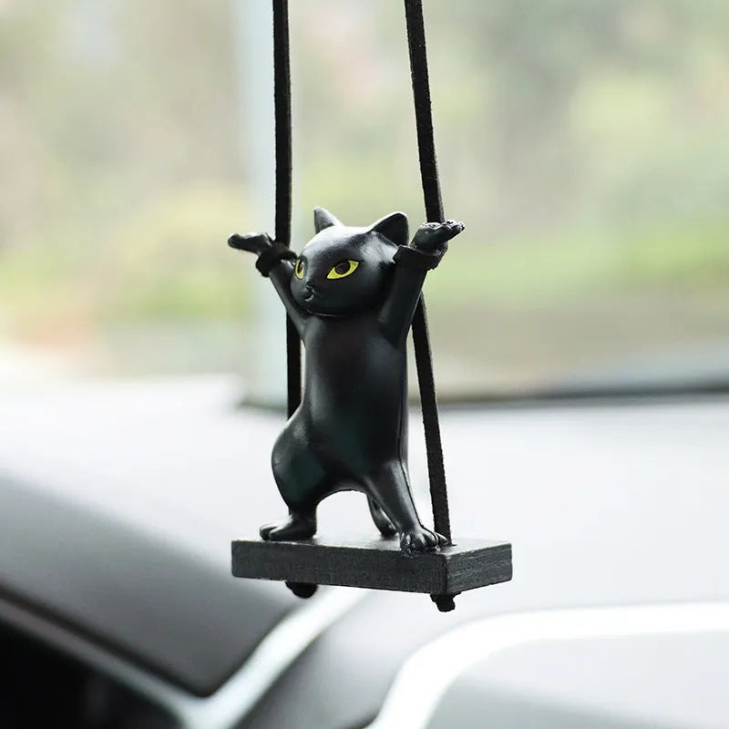 Cartoon resin cat pendant for car interior on a 25 cm adjustable rope, in black, white, flower, grey, or brown colour.