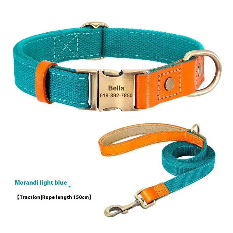 Small dog mohair collar and matching traction rope in green, shown with coordinating lettering.