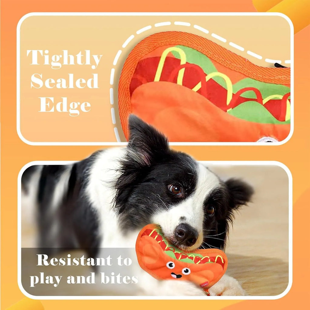 Hamburger-shaped dog toy with bright colours featuring crinkle and squeak sounds for interactive play