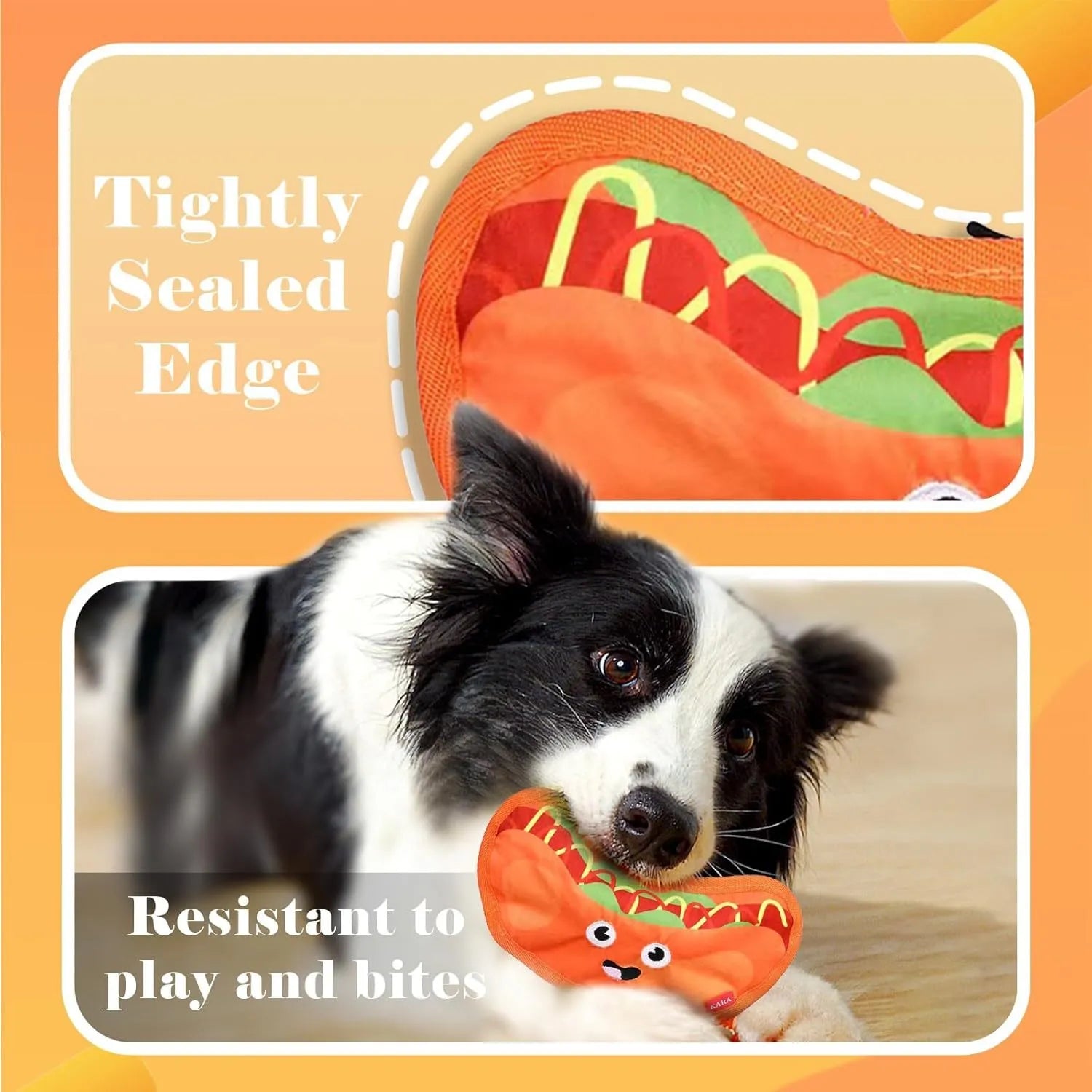 Hamburger-shaped dog toy with bright colours featuring crinkle and squeak sounds for interactive play