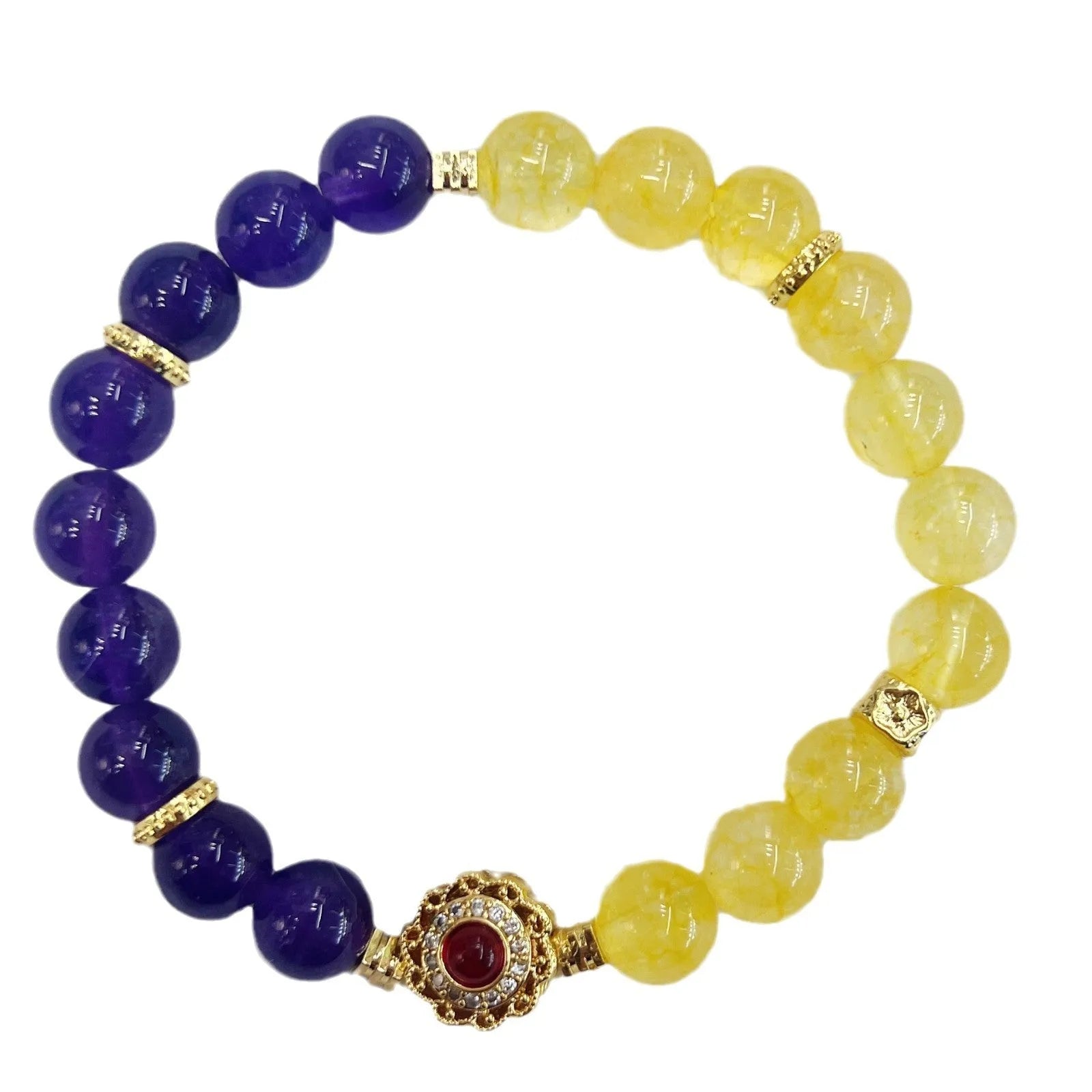 Handmade women's yellow and purple amethyst crystal bracelet with secure clasp fastening