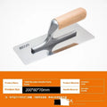 Stainless steel wall scraper with wooden handle for putty removal, showing three blade size options