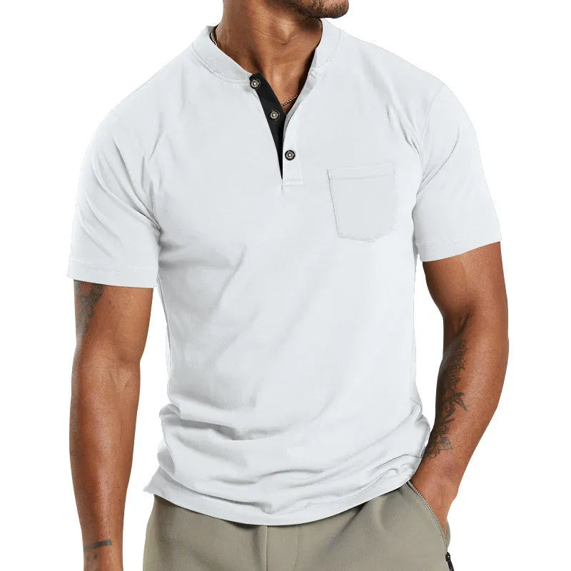 Men's plus size short sleeve button pocket shirt in solid colour polyester fabric.
