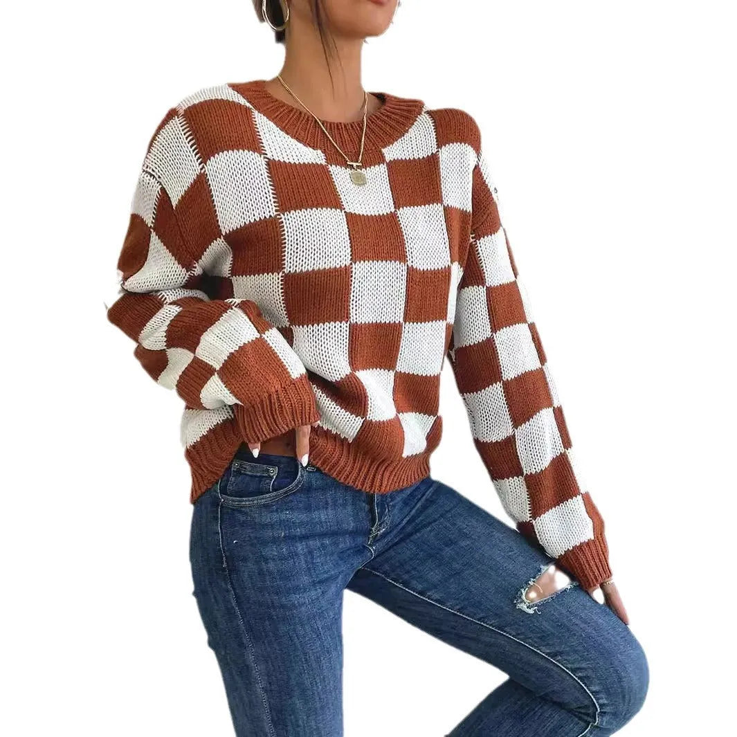 Dark brown plaid pattern acrylic pullover sweater with round neck and long sleeves