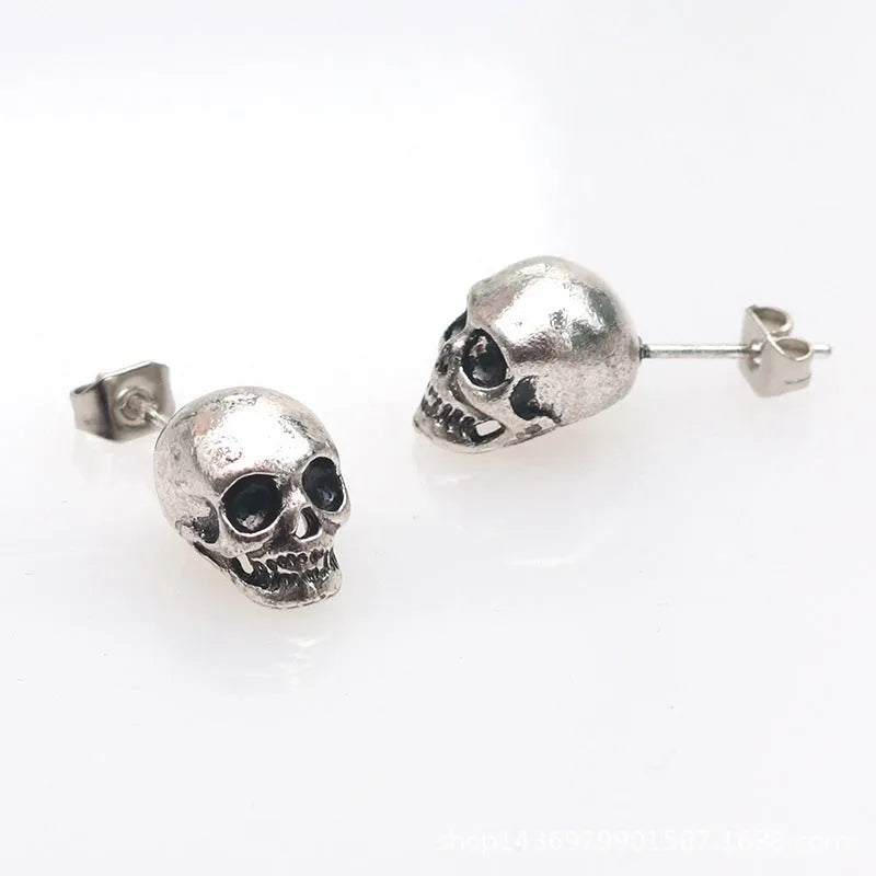 Retro skull eardrop earrings 11x8mm alloy ancient silver unisex Halloween