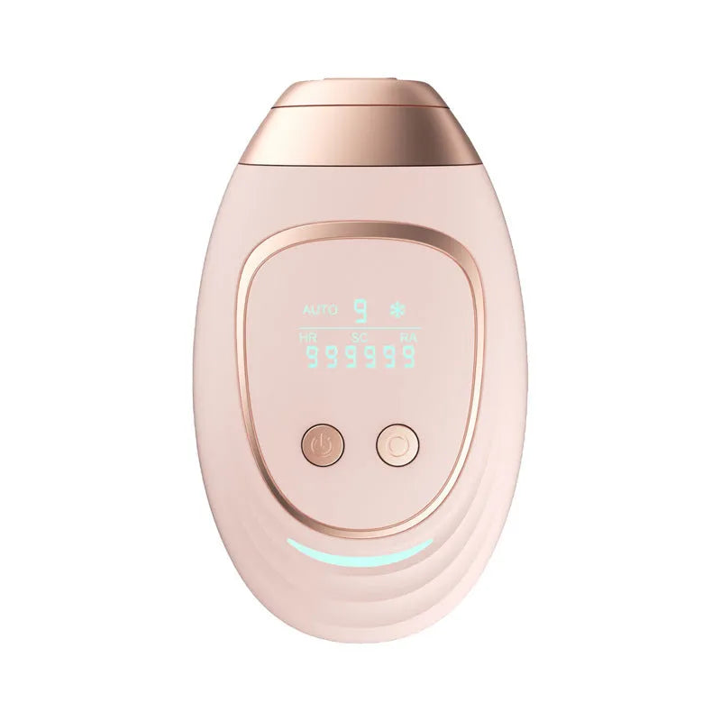 Pink and white three-in-one laser hair removal device with shaver attachment and protective glasses