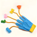Yellow and blue plush glove cat toy with bell and squeaker inside for interactive play