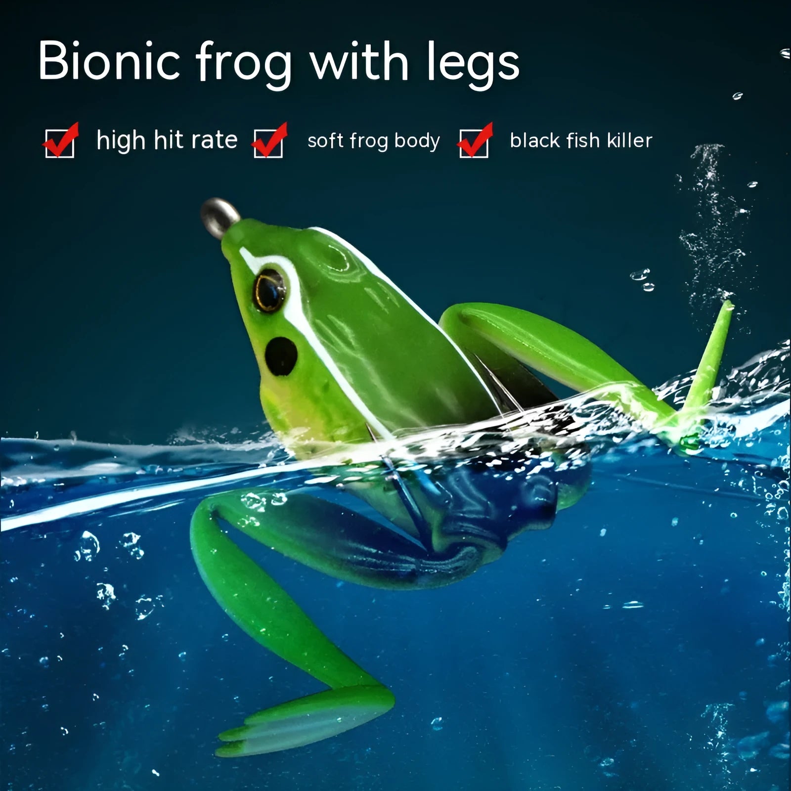 Bionic thunder frog fishing lure with realistic snake head design and double hooks in grass green colour