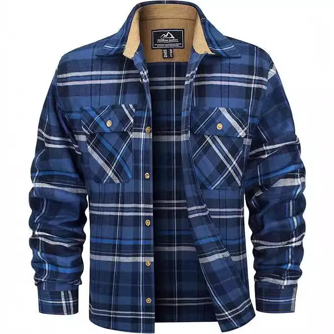 Men's plaid flannel casual button shirt in orange colour on a hanger.