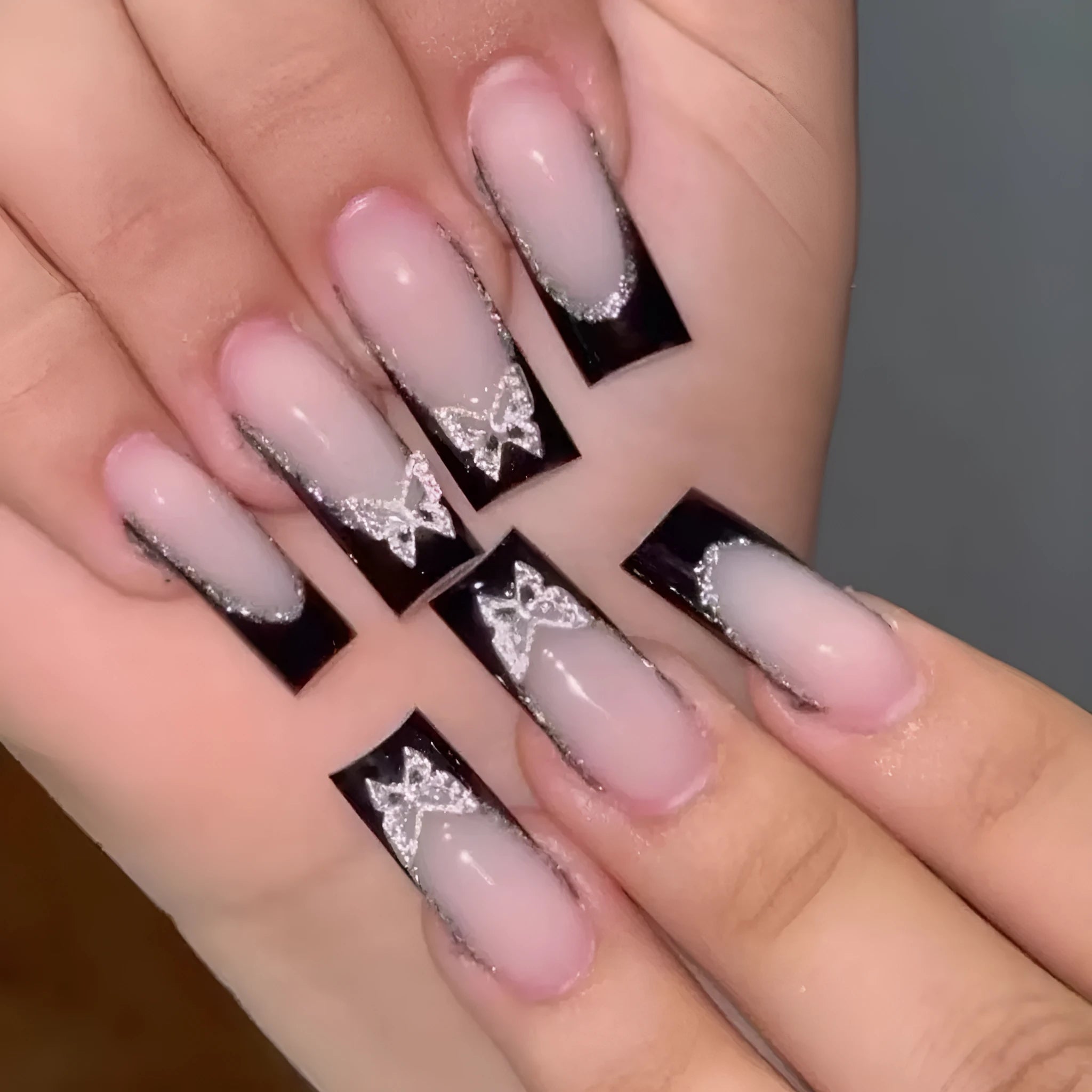 French style thin glittering butterfly wear armour for nails in black and yellow jelly glue colours.