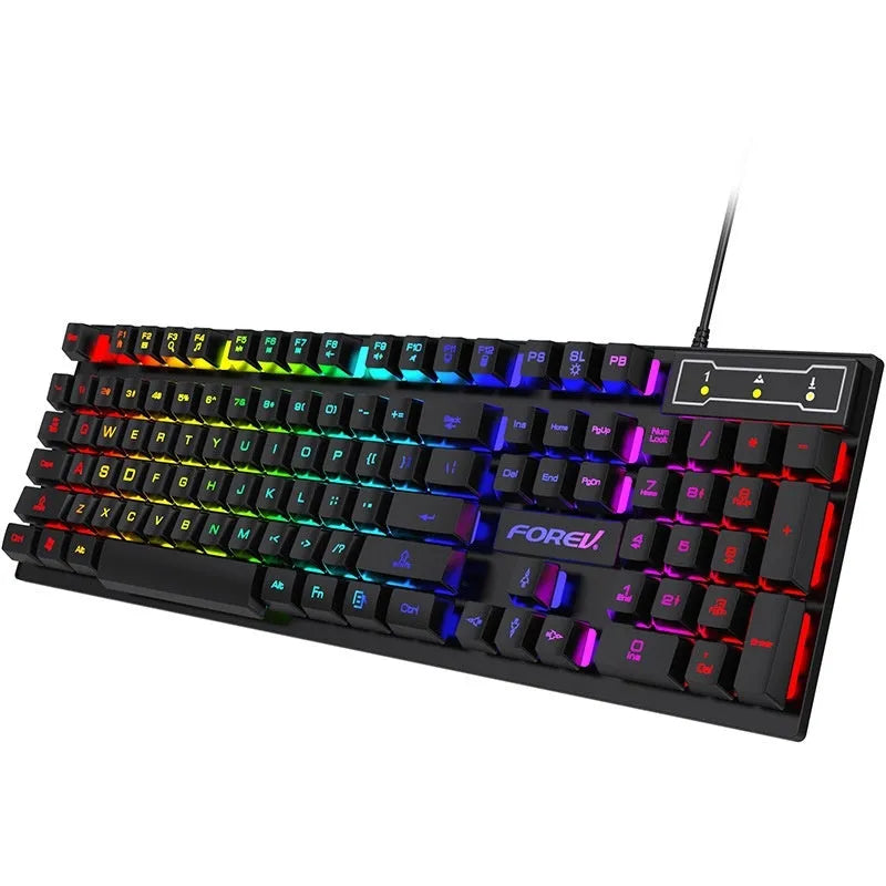 Black 104-key backlit gaming keyboard with mouse on desk, showing compact ABS build and 1.5m cable