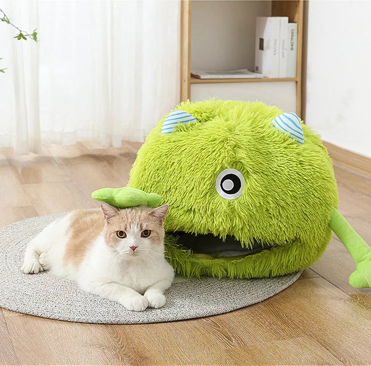 Fluffy round grey cat bed with a non-slip base shown in small, medium, and large sizes.