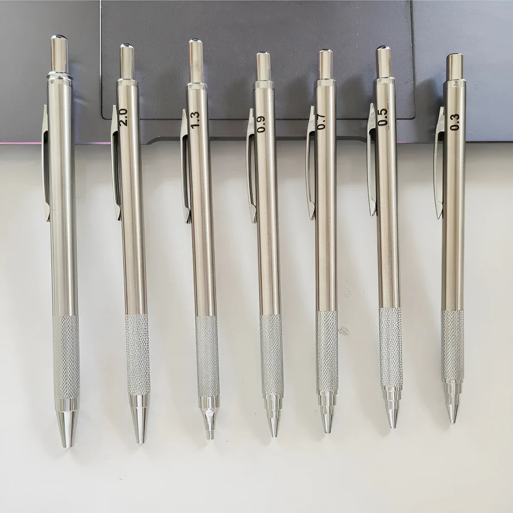Metal automatic mechanical pencil showing barrel detail and lead size options from 0.5mm to 2.0mm