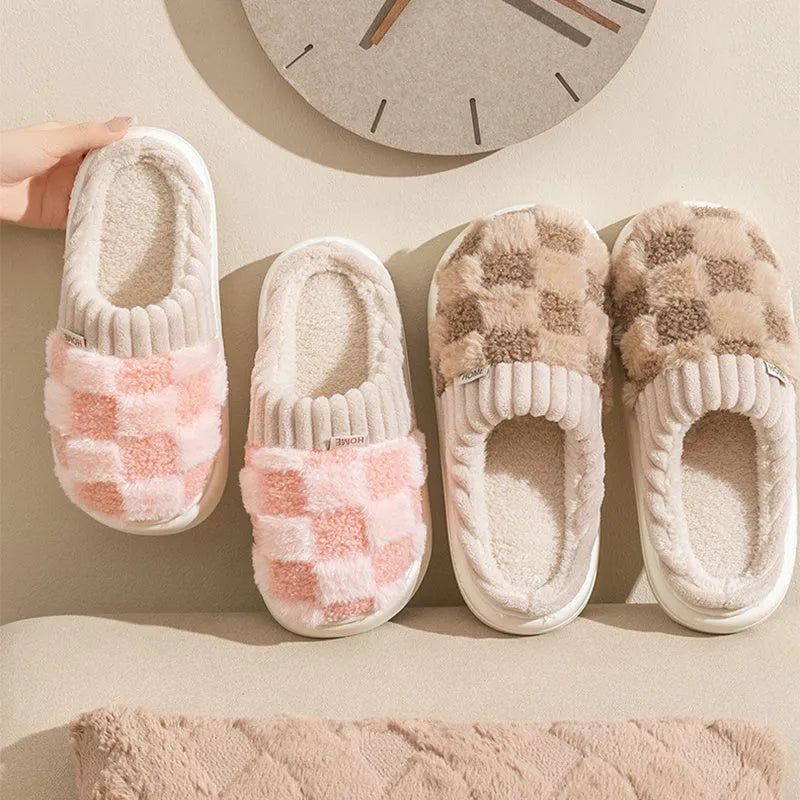 Women's plaid patterned plush slippers with polar fleece upper and non-slip PVC sole in coffee colour