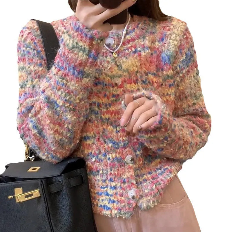 Retro rainbow pattern knitted cardigan in pink or green ice cream colours with toothbrush hair fabric