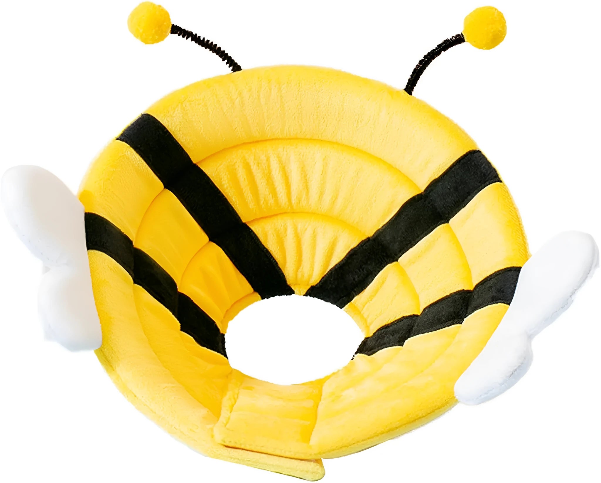 Soft cat cone collar with black and yellow bee design showing Velcro closure and curved protective shape