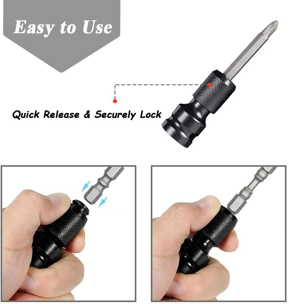 Telescopic steel bit holder adapter converting 1/2 inch square drive to 1/4 inch hex drive with O-ring bolt.