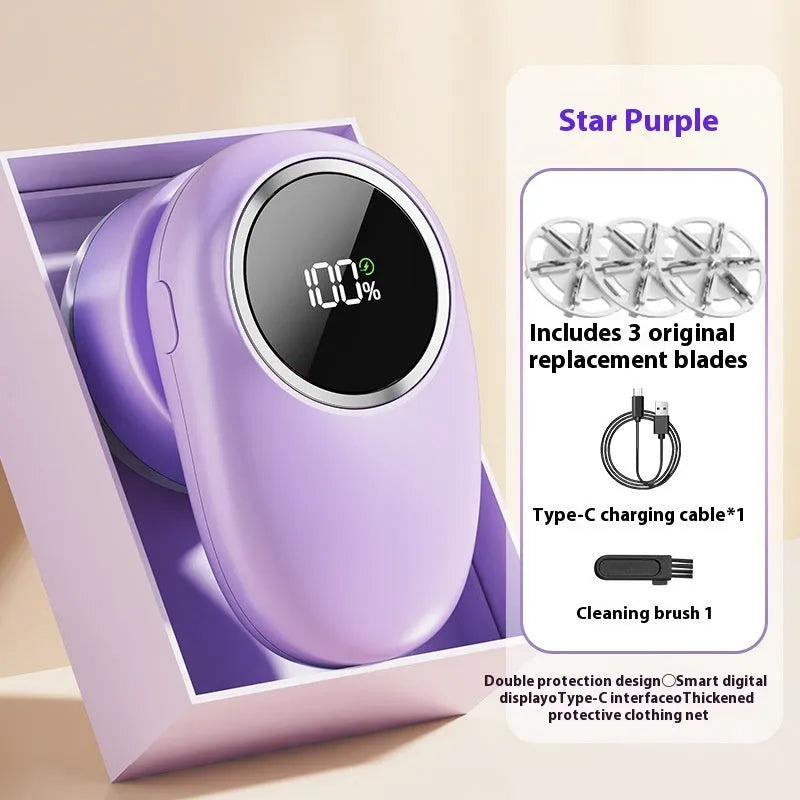 USB rechargeable fur ball trimmer with digital display, shown in beige and purple colour options with multiple cutter head configurations.