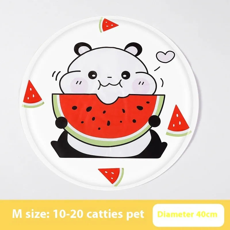Round cloth pet cooling mat with cartoon bunny design, shown in beige colour.